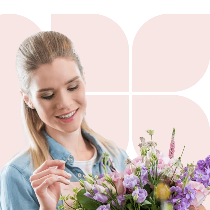 Bloemen bezorgen, dame met groot boeket tulpen