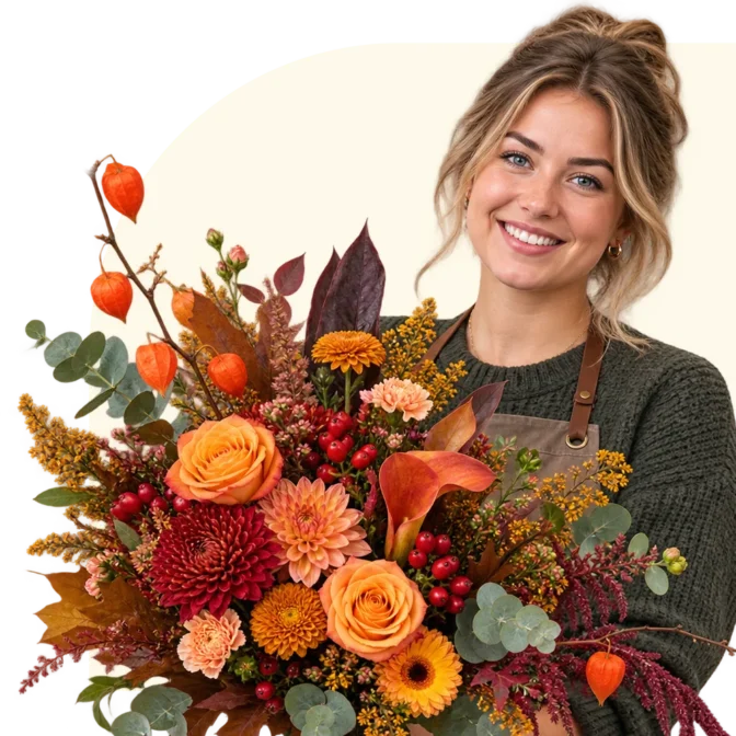 Bloemen bezorgen herfst banner. Bloembinder met herfstboeket